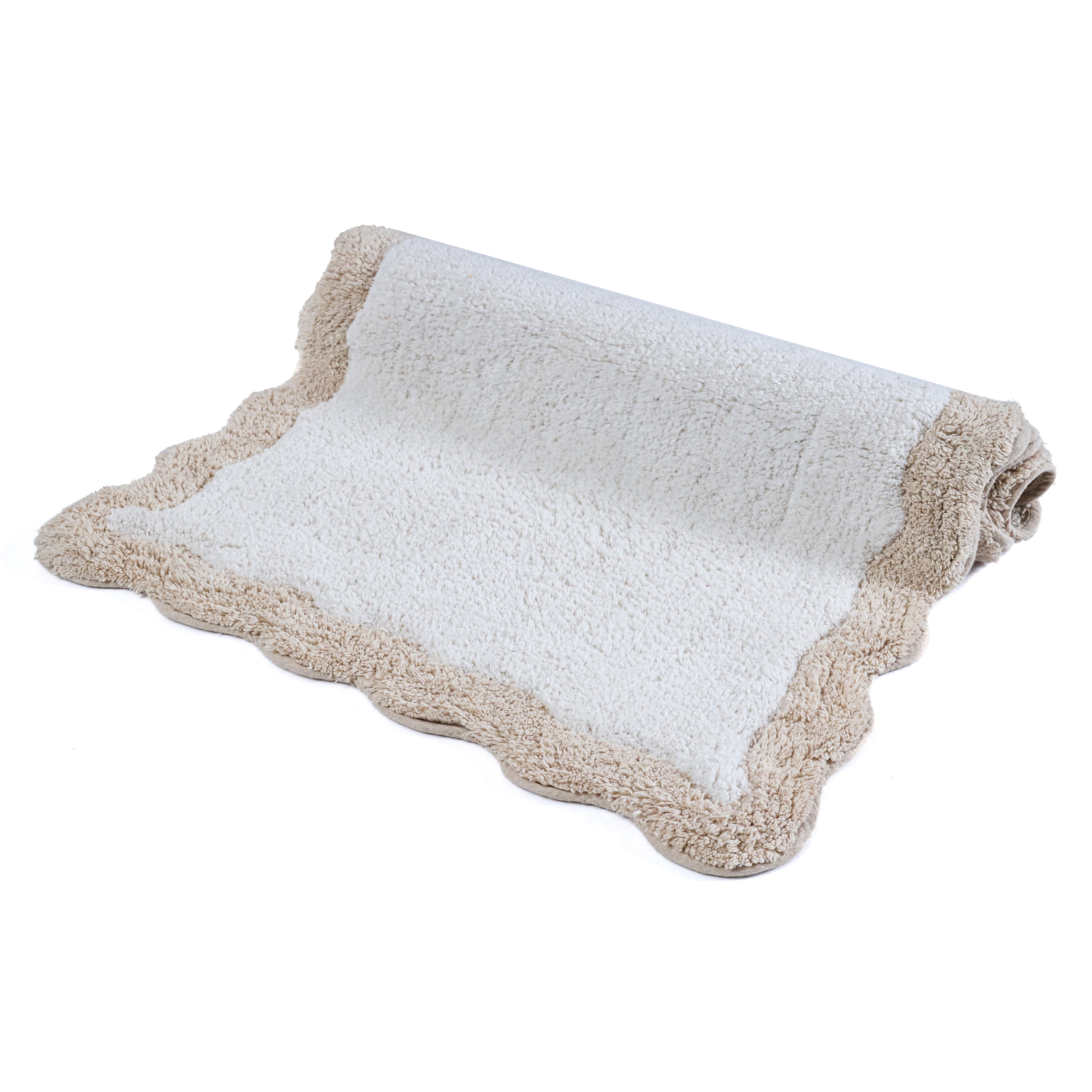 Cotton Scalloped Bathmat with Antiskid 20"x32" – 100% Cotton Scalloped Bath Mat, Anti Skid, Soft & Absorbent Bathroom Rug for Shower, Tub & Entryway