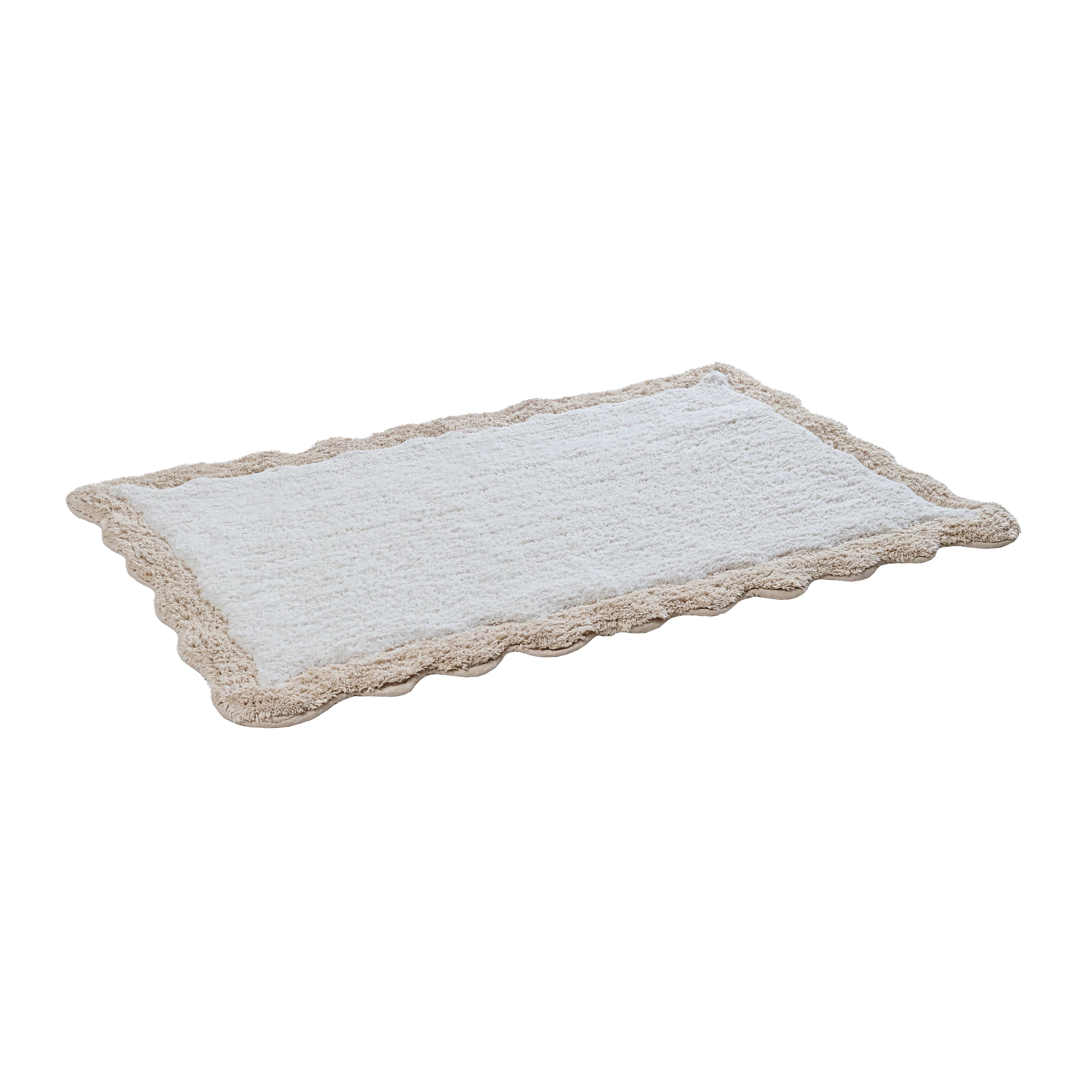 Cotton Scalloped Bathmat with Antiskid 20"x32" – 100% Cotton Scalloped Bath Mat, Anti Skid, Soft & Absorbent Bathroom Rug for Shower, Tub & Entryway