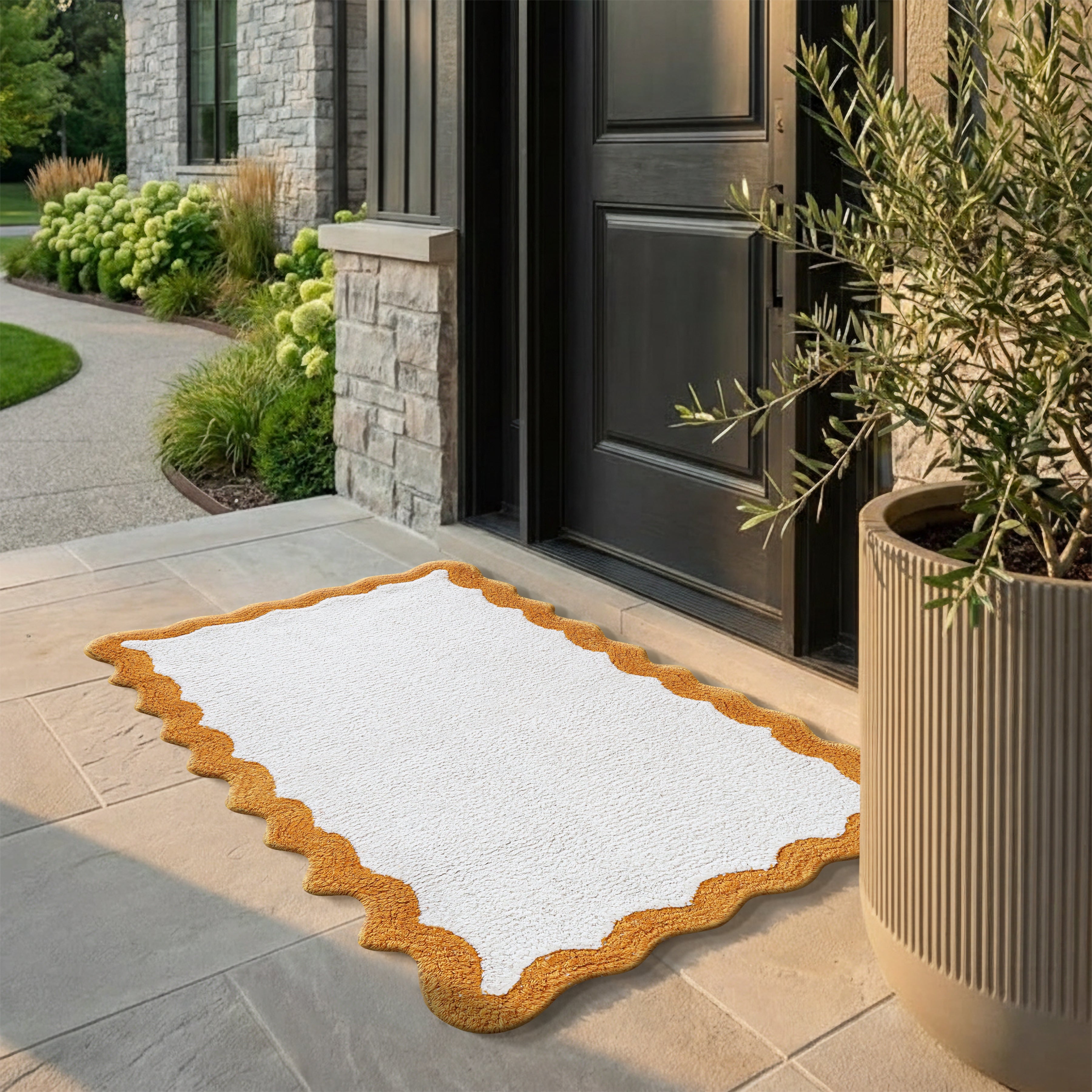 Cotton Scalloped Bathmat with Antiskid 20"x32" – 100% Cotton Scalloped Bath Mat, Anti Skid, Soft & Absorbent Bathroom Rug for Shower, Tub & Entryway