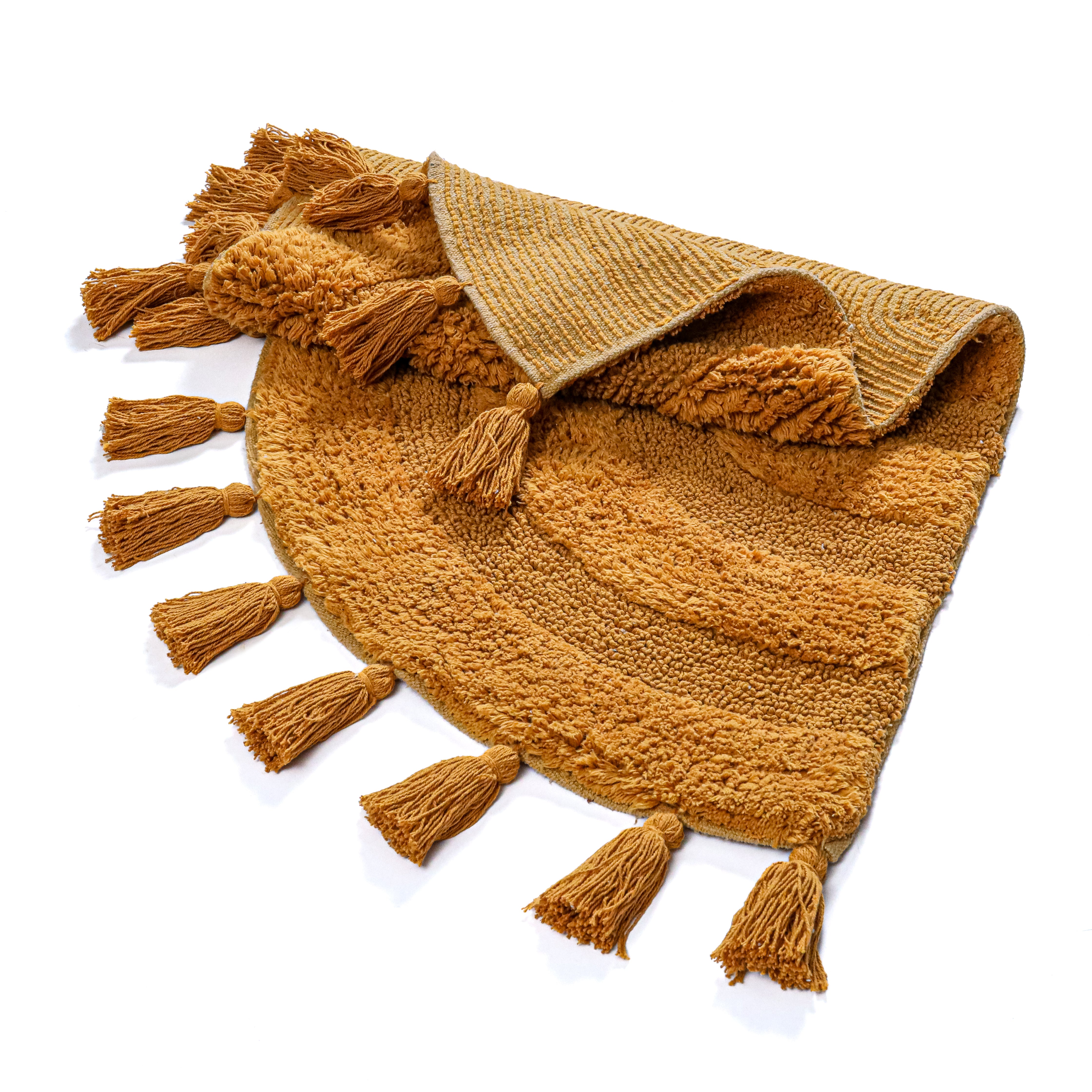 Half Circle Bohemian Bathroom Rug with Handwoven Chrochet Border, Beautifully Handcrafted 100% Cotton Mat ", Round Boho Bedroom Rug, Boho Bathroom Décor, Machine Washable - Honey Mustard