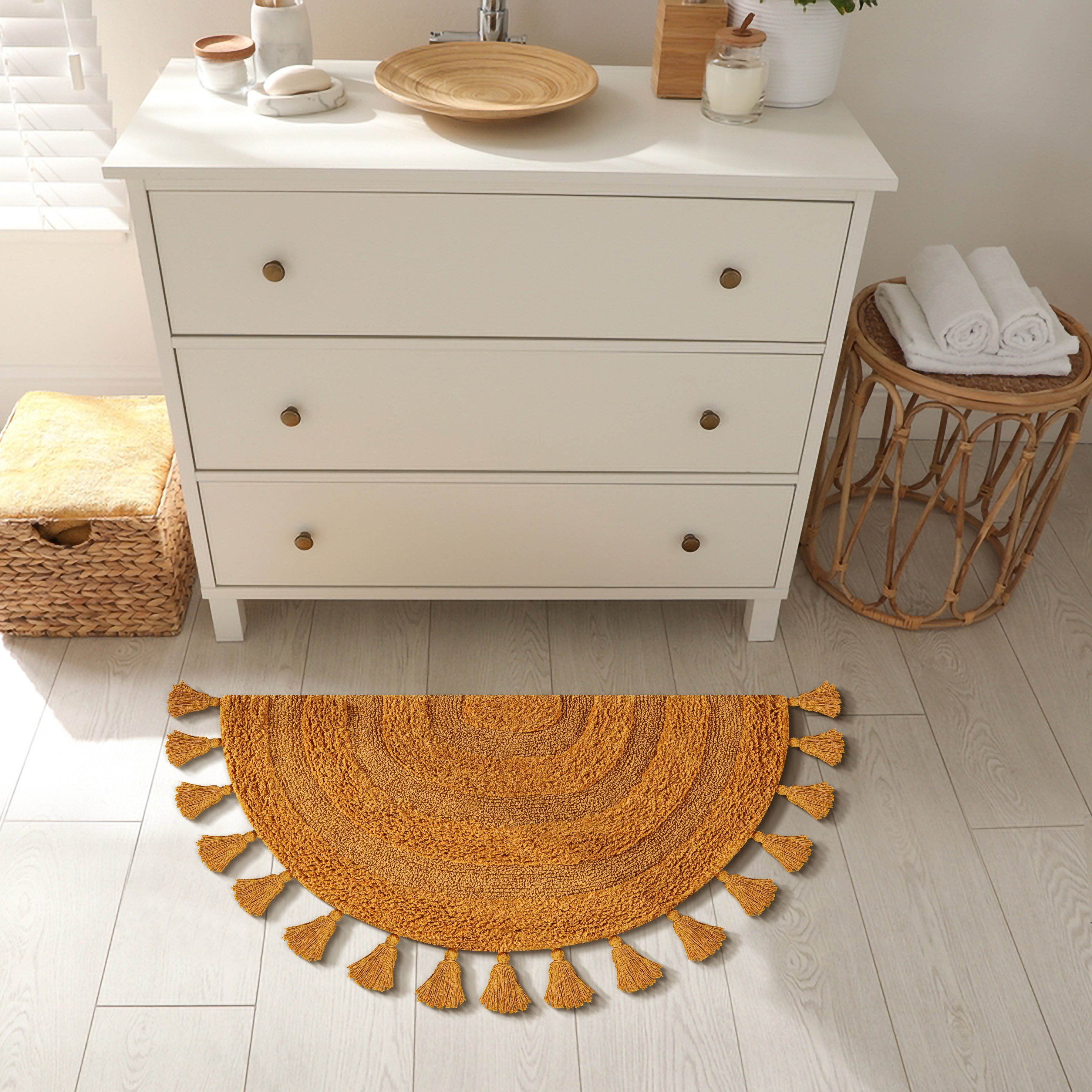 Half Circle Bohemian Bathroom Rug with Handwoven Chrochet Border, Beautifully Handcrafted 100% Cotton Mat ", Round Boho Bedroom Rug, Boho Bathroom Décor, Machine Washable - Honey Mustard