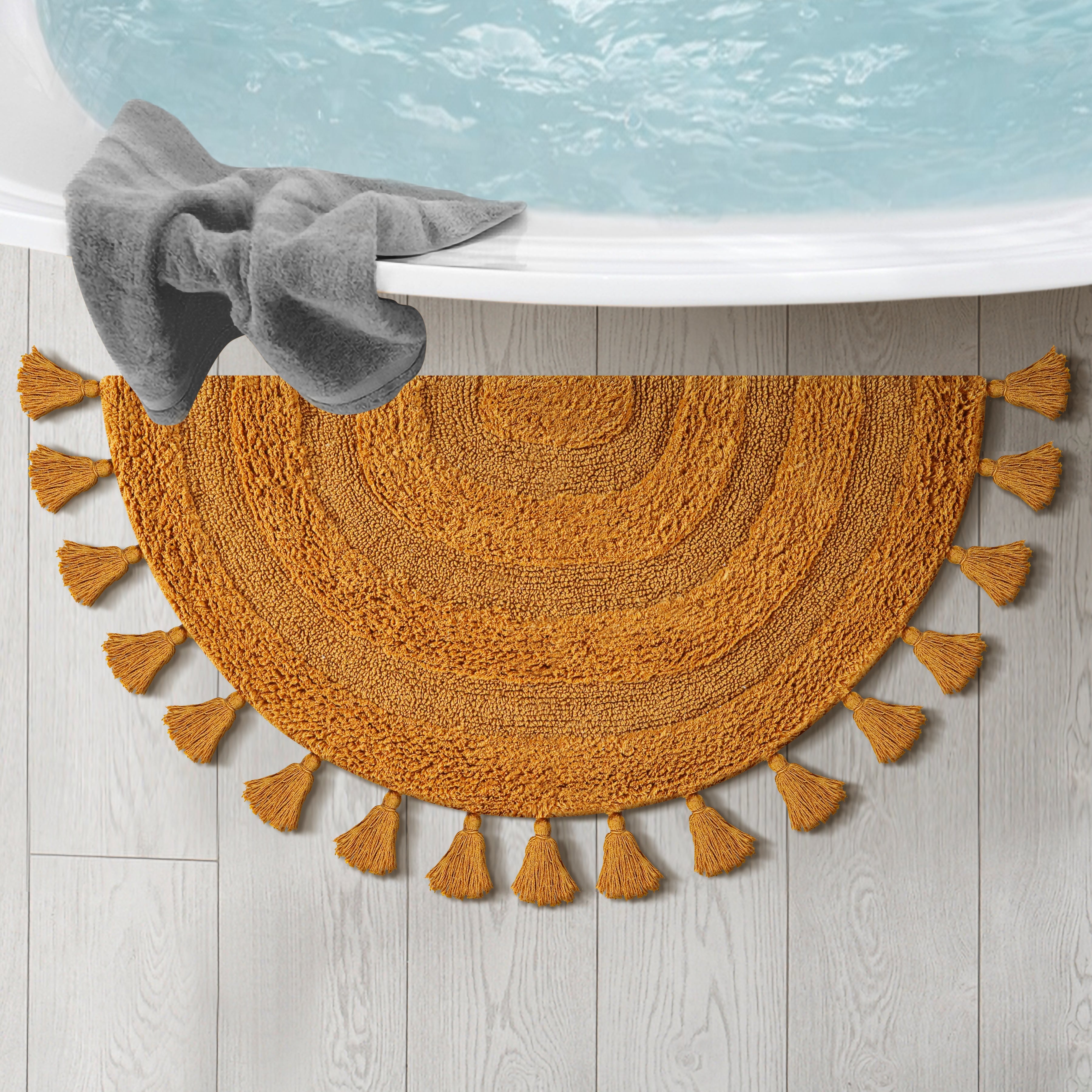 Half Circle Bohemian Bathroom Rug with Handwoven Chrochet Border, Beautifully Handcrafted 100% Cotton Mat ", Round Boho Bedroom Rug, Boho Bathroom Décor, Machine Washable - Honey Mustard