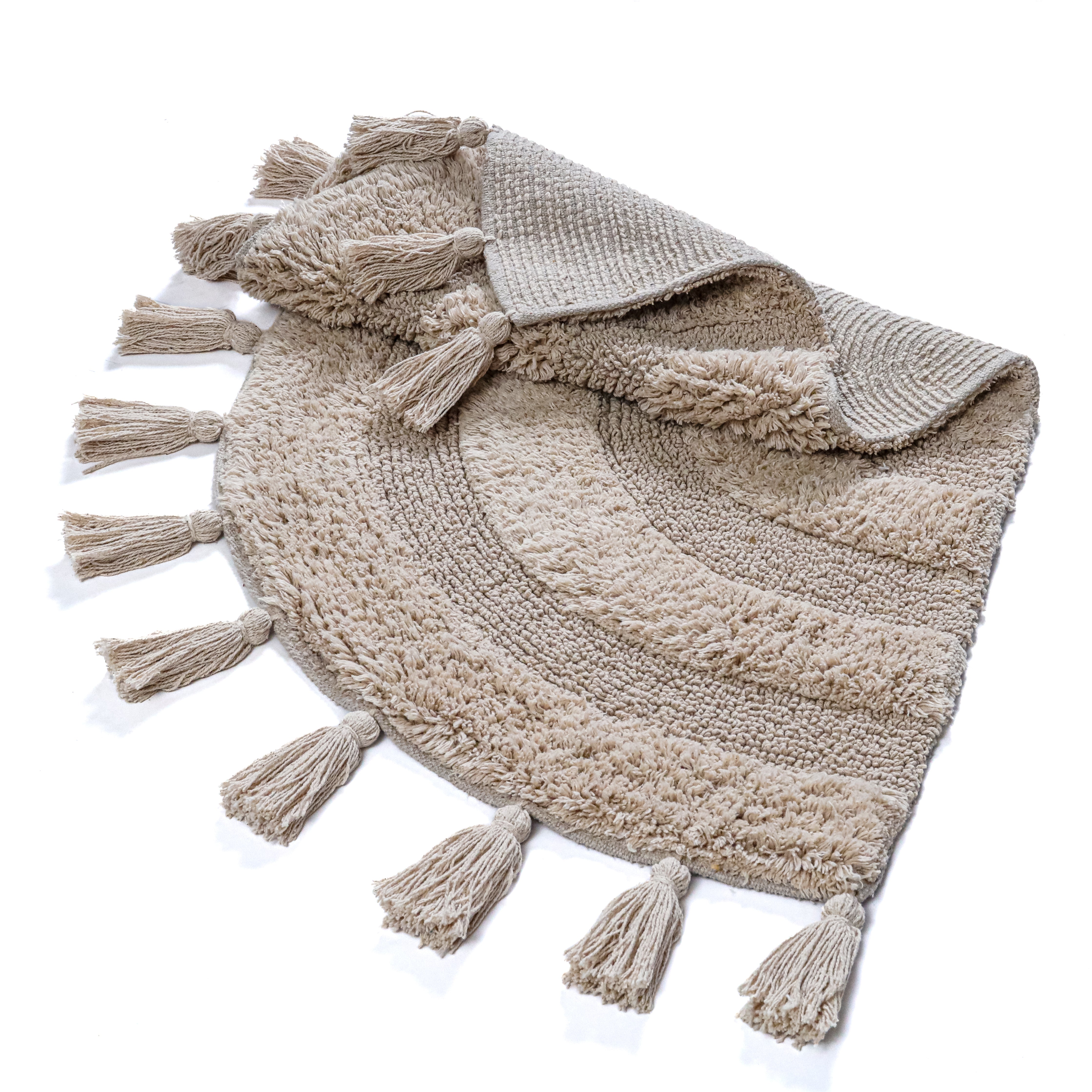 Half Circle Bohemian Bathroom Rug with Handwoven Chrochet Border, Beautifully Handcrafted 100% Cotton Mat ", Round Boho Bedroom Rug, Boho Bathroom Décor, Machine Washable - Honey Mustard