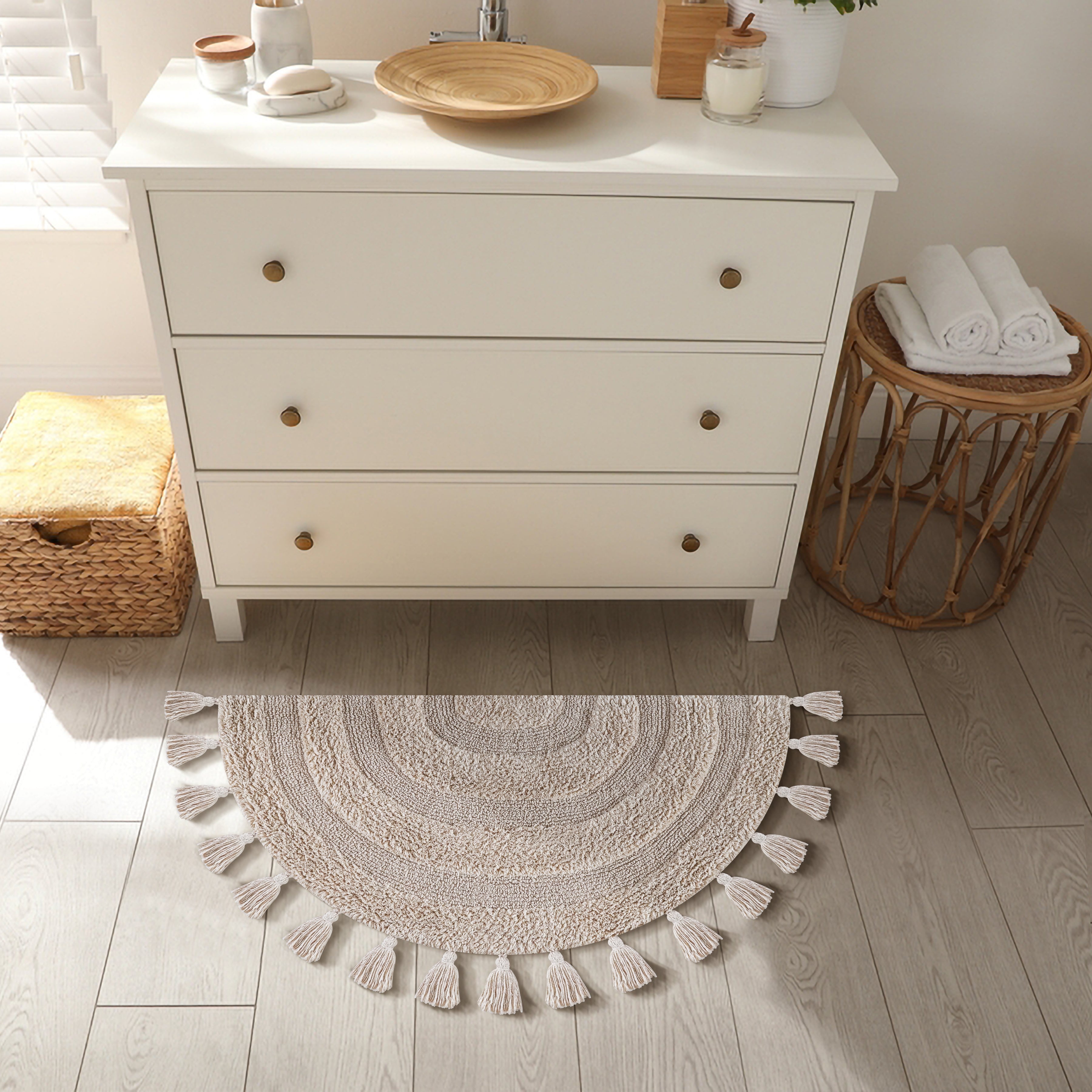 Half Circle Bohemian Bathroom Rug with Handwoven Chrochet Border, Beautifully Handcrafted 100% Cotton Mat ", Round Boho Bedroom Rug, Boho Bathroom Décor, Machine Washable - Honey Mustard
