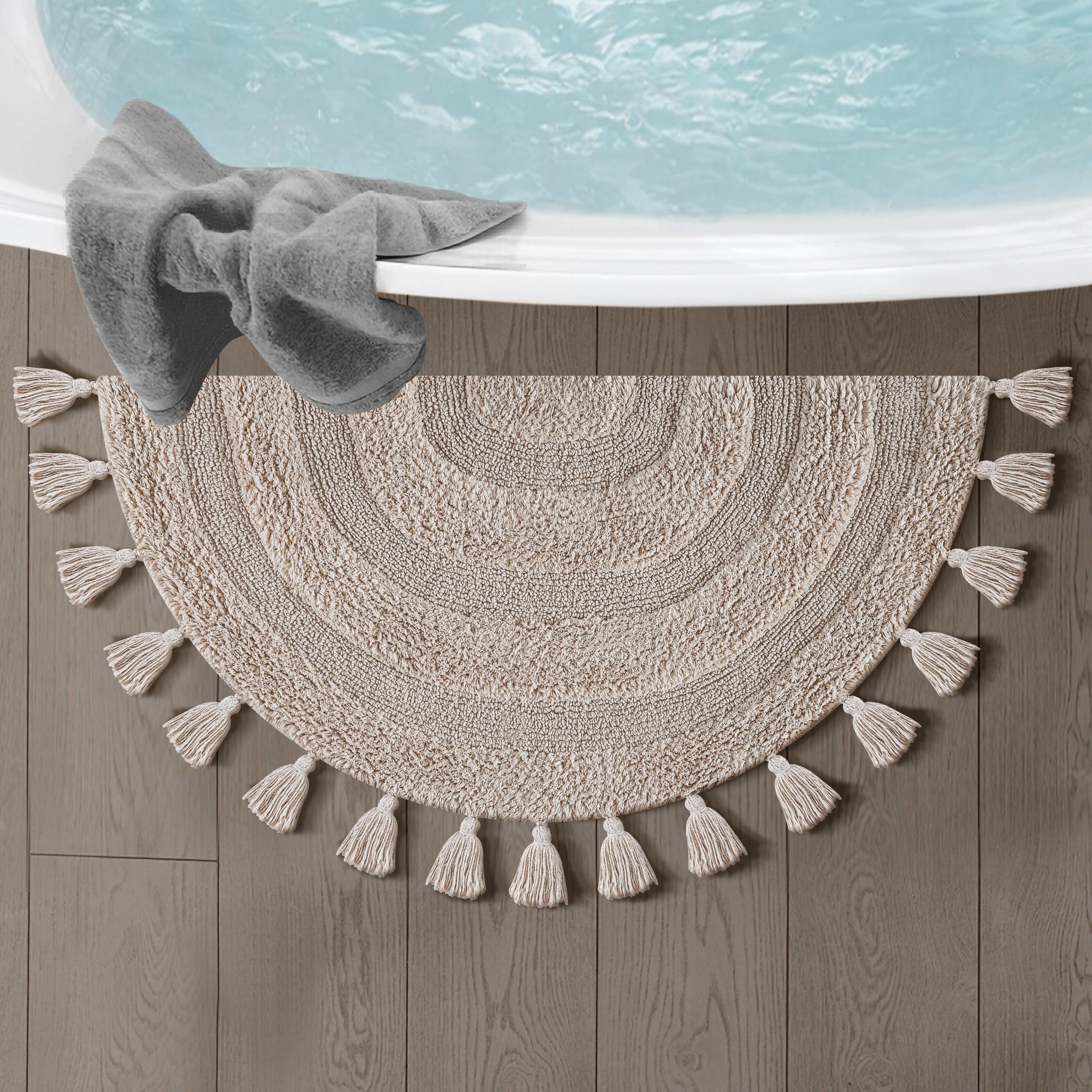 Half Circle Bohemian Bathroom Rug with Handwoven Chrochet Border, Beautifully Handcrafted 100% Cotton Mat ", Round Boho Bedroom Rug, Boho Bathroom Décor, Machine Washable - Honey Mustard
