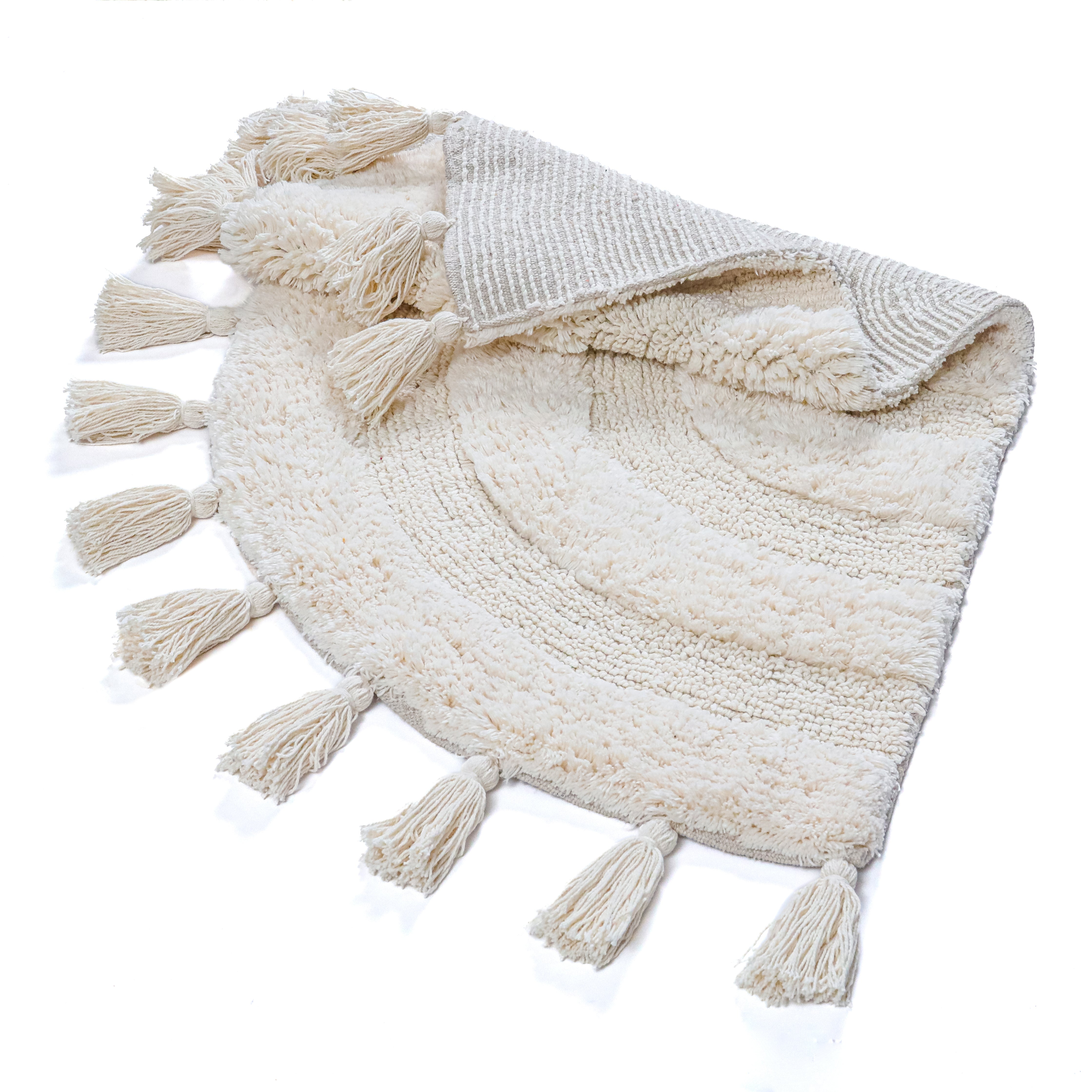 Half Circle Bohemian Bathroom Rug with Handwoven Chrochet Border, Beautifully Handcrafted 100% Cotton Mat ", Round Boho Bedroom Rug, Boho Bathroom Décor, Machine Washable - Honey Mustard