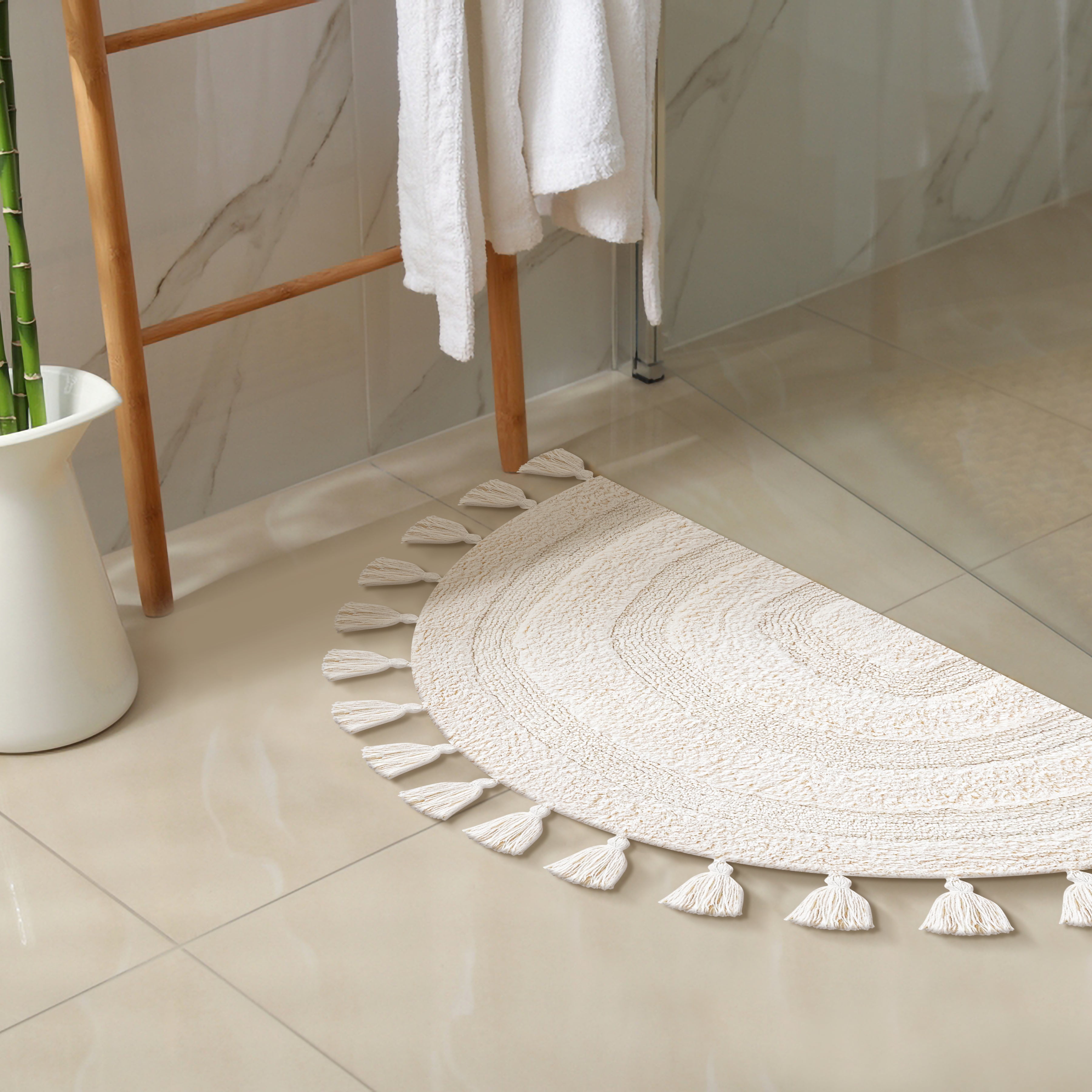 Half Circle Bohemian Bathroom Rug with Handwoven Chrochet Border, Beautifully Handcrafted 100% Cotton Mat ", Round Boho Bedroom Rug, Boho Bathroom Décor, Machine Washable - Honey Mustard