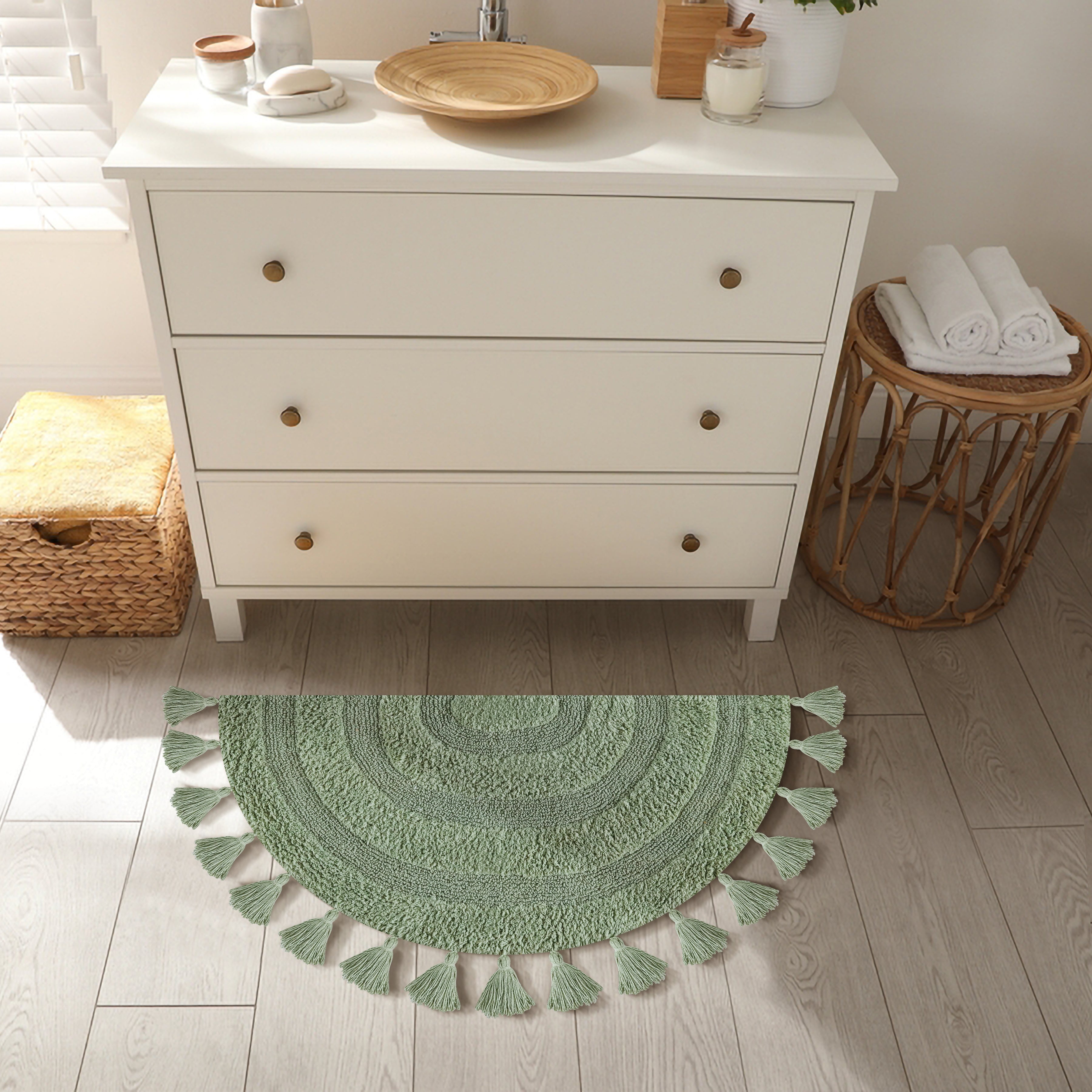 Half Circle Bohemian Bathroom Rug with Handwoven Chrochet Border, Beautifully Handcrafted 100% Cotton Mat ", Round Boho Bedroom Rug, Boho Bathroom Décor, Machine Washable - Honey Mustard