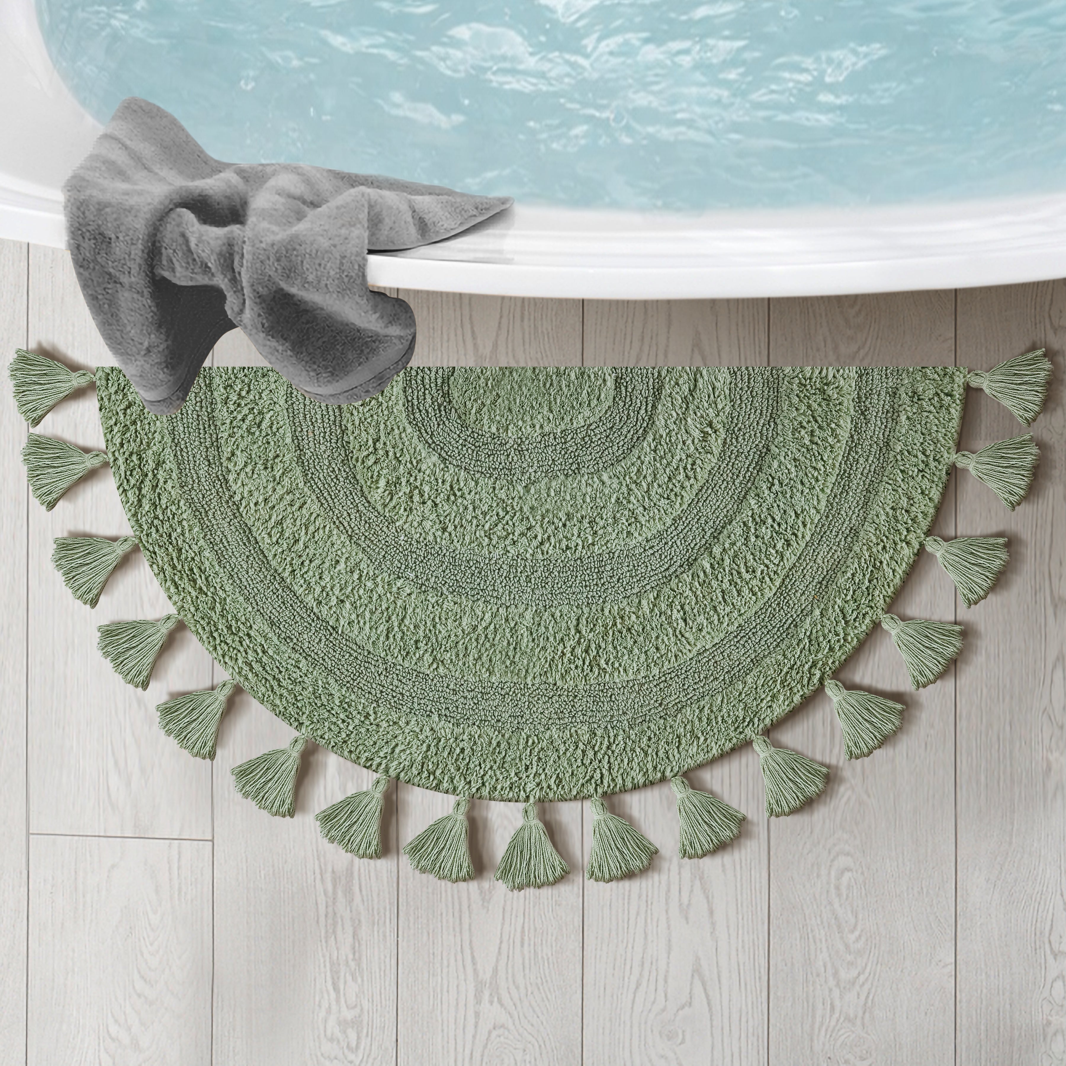 Half Circle Bohemian Bathroom Rug with Handwoven Chrochet Border, Beautifully Handcrafted 100% Cotton Mat ", Round Boho Bedroom Rug, Boho Bathroom Décor, Machine Washable - Honey Mustard