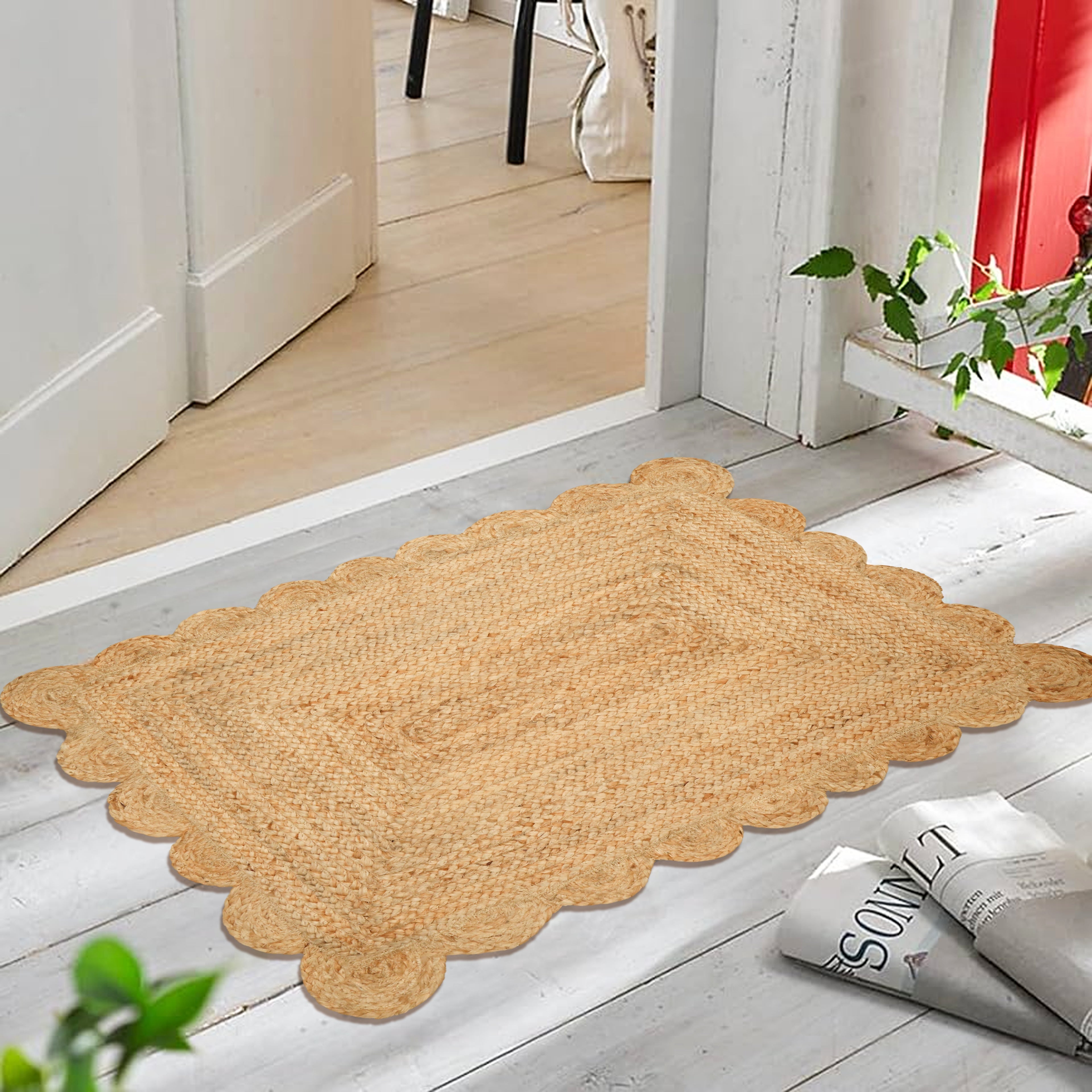 Hand Woven Jute Braided Rug, Natural, Reversible Boho Entry Area Rugs for Kitchen, Living Room, Farmhouse Indoor Outdoor Decorative Floor Rug,