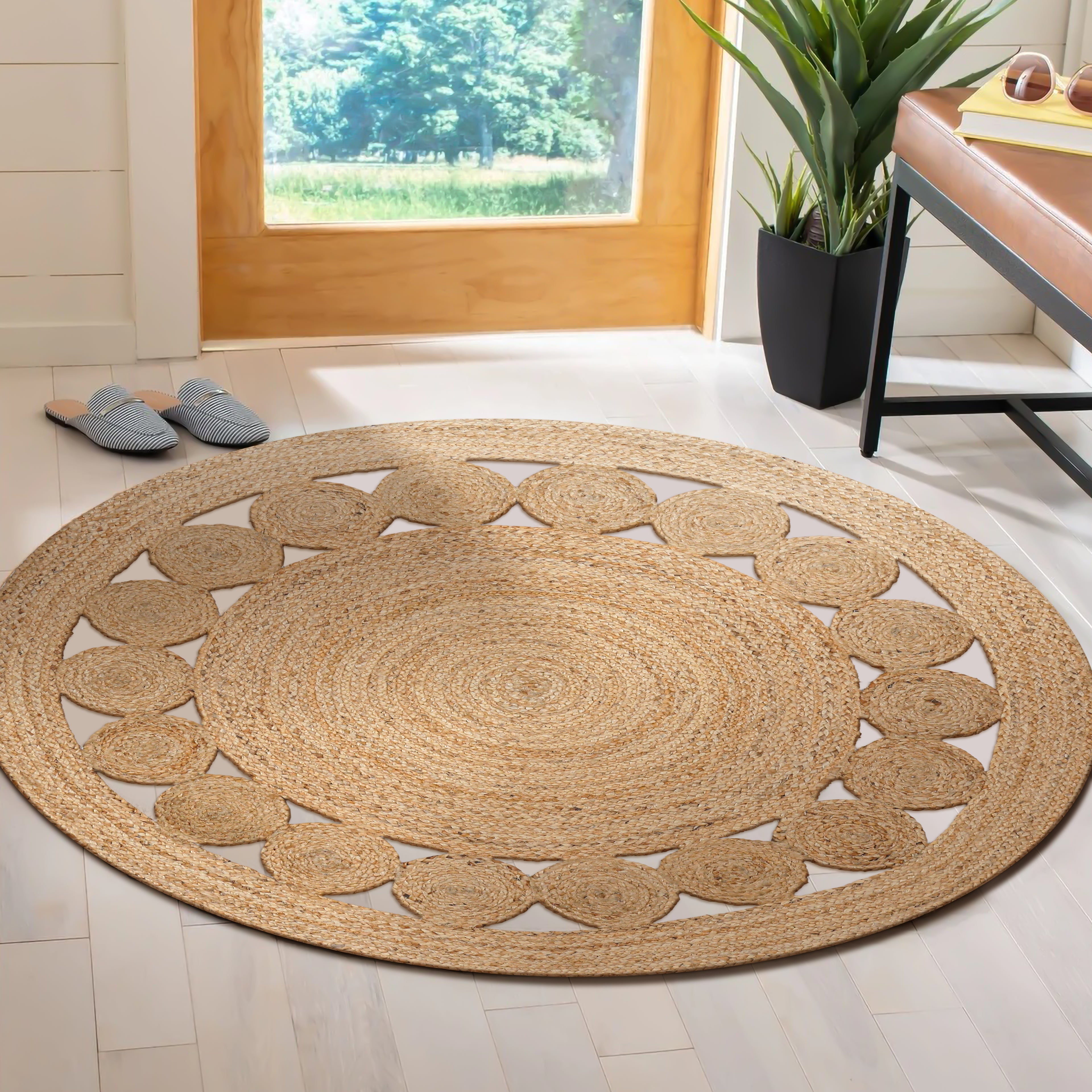 Jute Area Rug Handwoven- 4 feet Round- Natural Beige - Rustic Vintage Beige Braided Reversible Jute Rug- Eco Friendly Rugs for Farmhouse, Bedroom, Kitchen, Living Room
