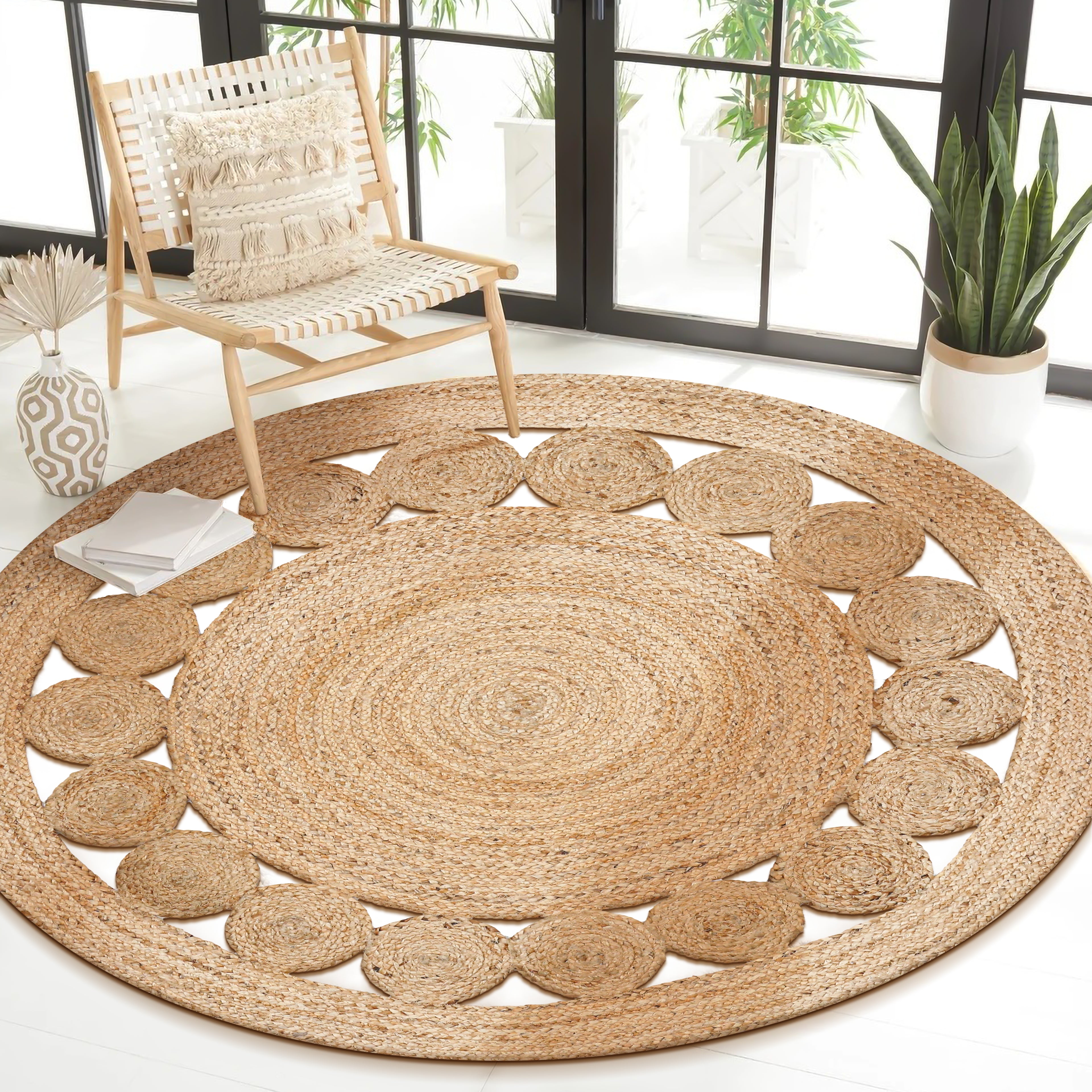 Jute Area Rug Handwoven- 4 feet Round- Natural Beige - Rustic Vintage Beige Braided Reversible Jute Rug- Eco Friendly Rugs for Farmhouse, Bedroom, Kitchen, Living Room