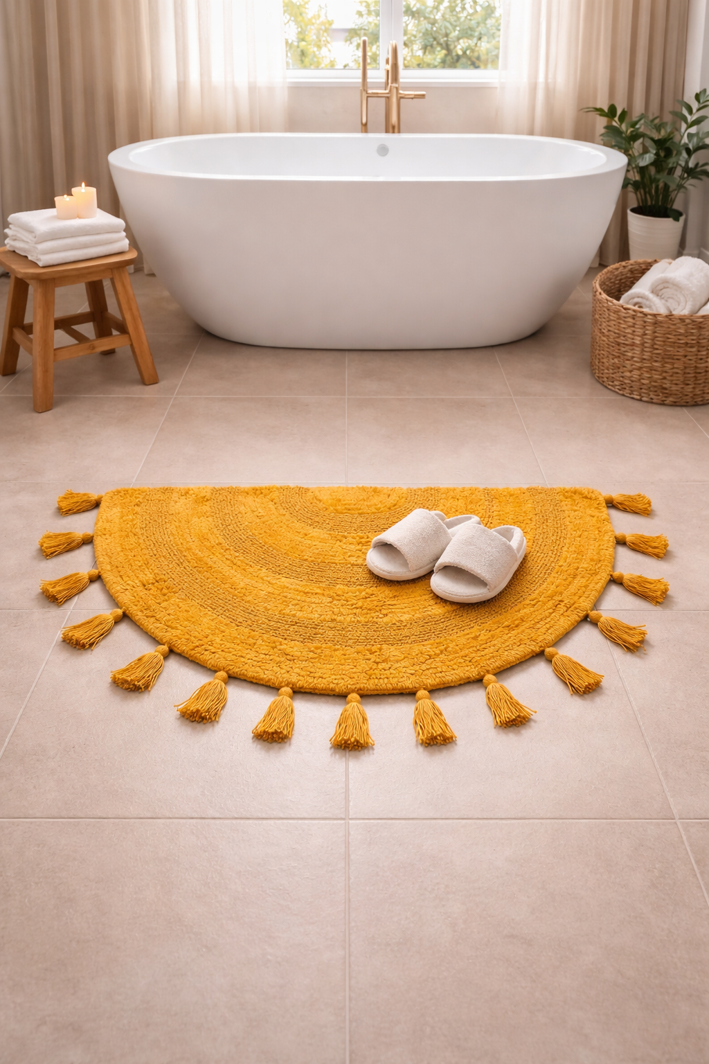 Half Circle Bohemian Bathroom Rug with Handwoven Chrochet Border, Beautifully Handcrafted 100% Cotton Mat ", Round Boho Bedroom Rug, Boho Bathroom Décor, Machine Washable - Honey Mustard