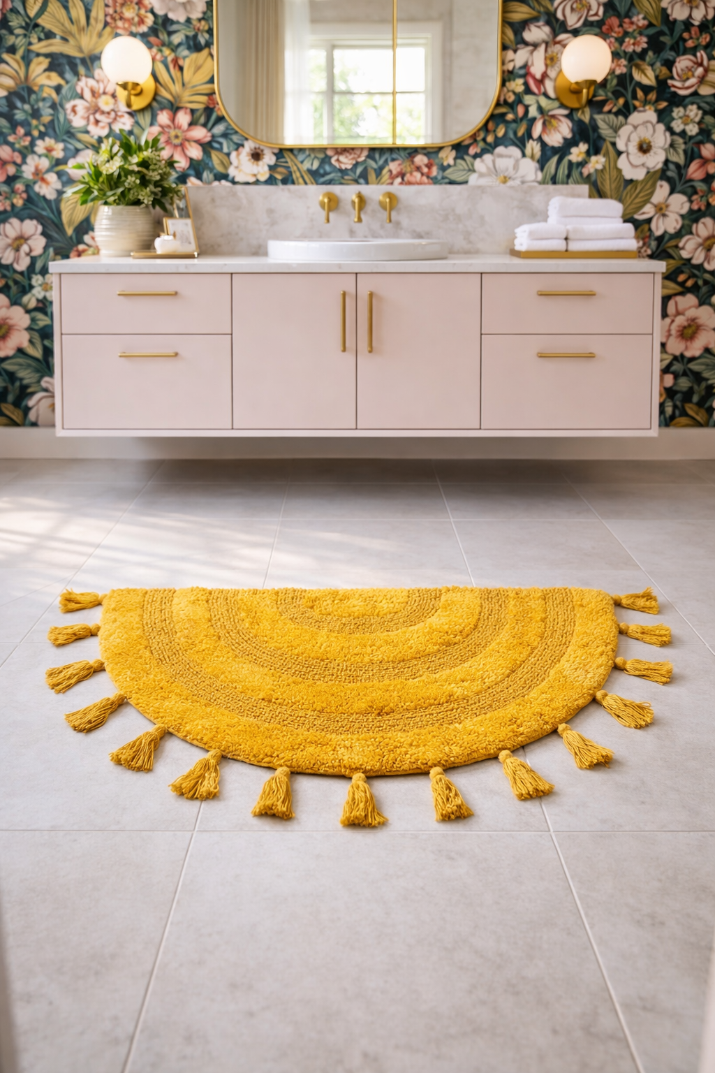 Half Circle Bohemian Bathroom Rug with Handwoven Chrochet Border, Beautifully Handcrafted 100% Cotton Mat ", Round Boho Bedroom Rug, Boho Bathroom Décor, Machine Washable - Honey Mustard
