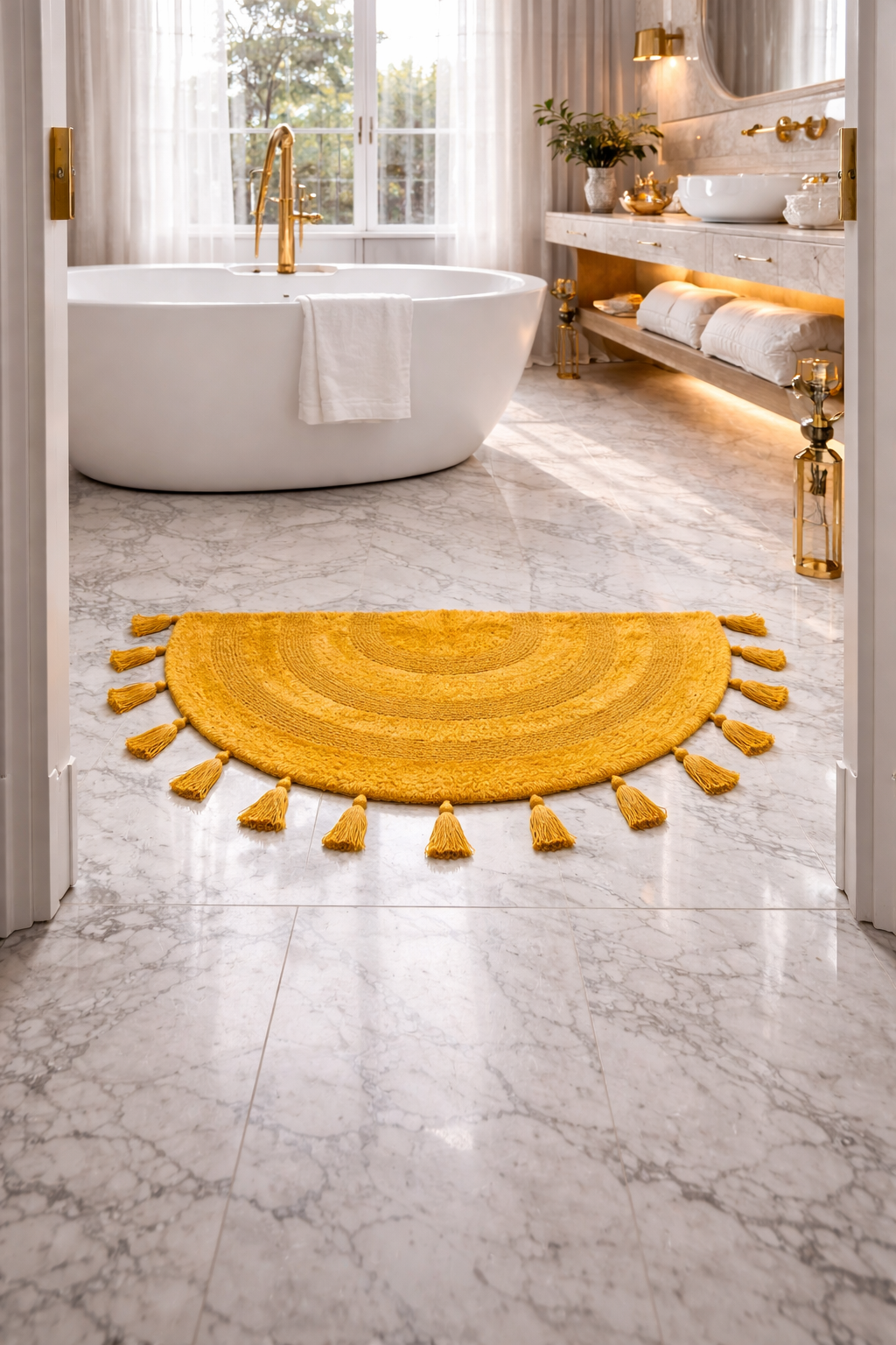 Half Circle Bohemian Bathroom Rug with Handwoven Chrochet Border, Beautifully Handcrafted 100% Cotton Mat ", Round Boho Bedroom Rug, Boho Bathroom Décor, Machine Washable - Honey Mustard