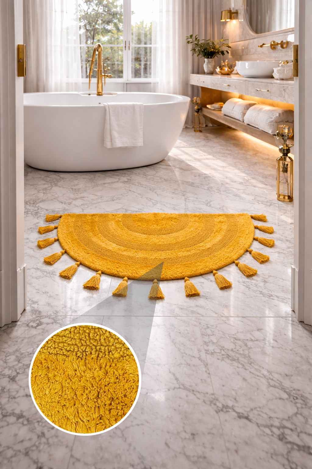 Half Circle Bohemian Bathroom Rug with Handwoven Chrochet Border, Beautifully Handcrafted 100% Cotton Mat ", Round Boho Bedroom Rug, Boho Bathroom Décor, Machine Washable - Honey Mustard