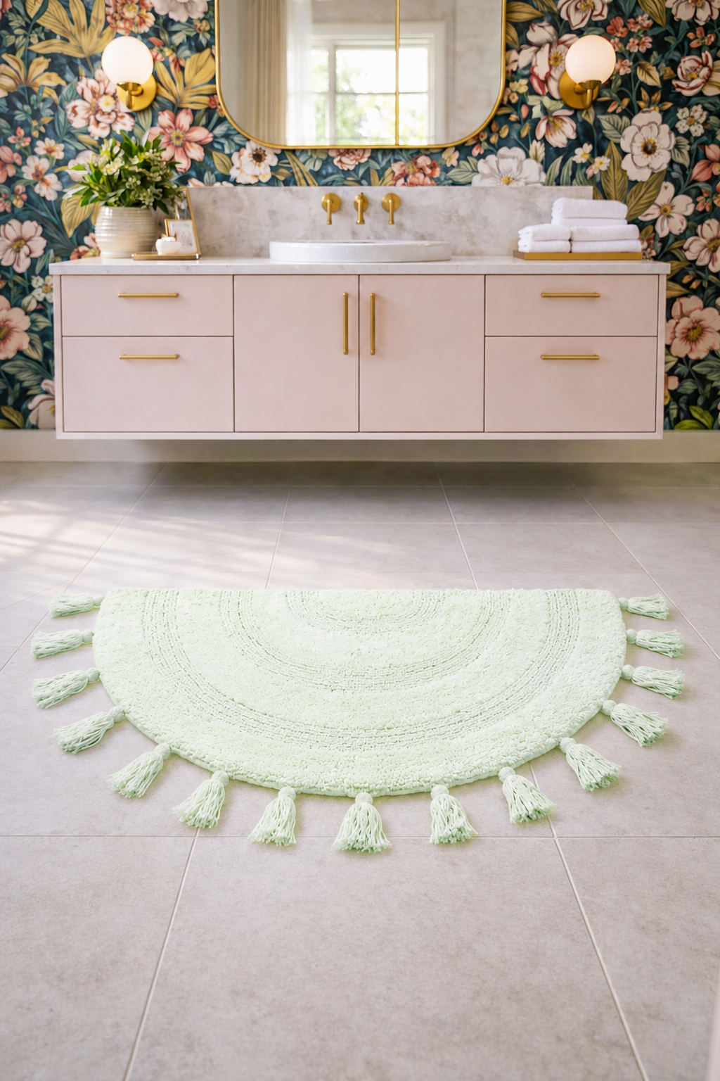 Half Circle Bohemian Bathroom Rug with Handwoven Chrochet Border, Beautifully Handcrafted 100% Cotton Mat ", Round Boho Bedroom Rug, Boho Bathroom Décor, Machine Washable - Honey Mustard