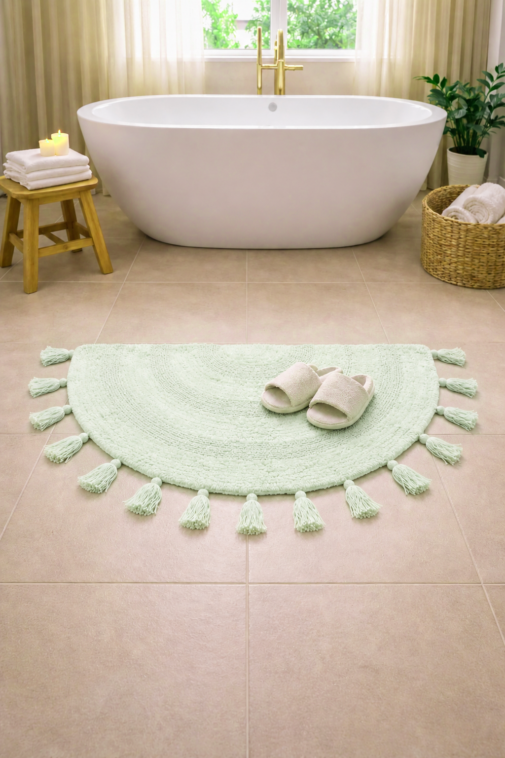 Half Circle Bohemian Bathroom Rug with Handwoven Chrochet Border, Beautifully Handcrafted 100% Cotton Mat ", Round Boho Bedroom Rug, Boho Bathroom Décor, Machine Washable - Honey Mustard