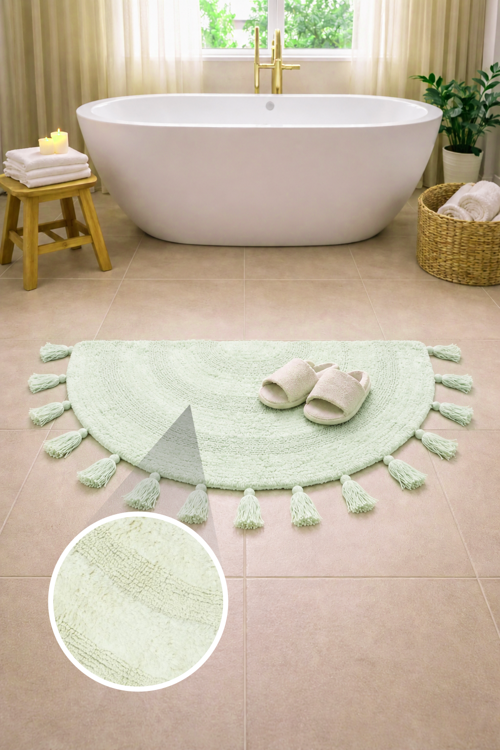 Half Circle Bohemian Bathroom Rug with Handwoven Chrochet Border, Beautifully Handcrafted 100% Cotton Mat ", Round Boho Bedroom Rug, Boho Bathroom Décor, Machine Washable - Honey Mustard