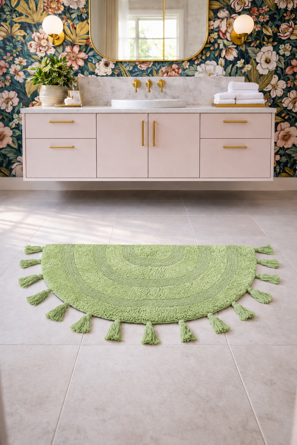 Half Circle Bohemian Bathroom Rug with Handwoven Chrochet Border, Beautifully Handcrafted 100% Cotton Mat ", Round Boho Bedroom Rug, Boho Bathroom Décor, Machine Washable - Honey Mustard