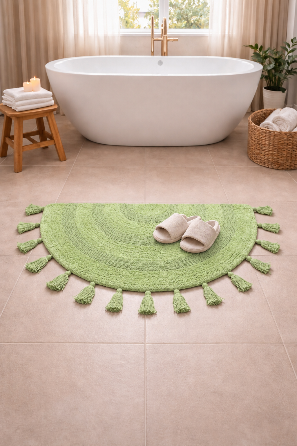 Half Circle Bohemian Bathroom Rug with Handwoven Chrochet Border, Beautifully Handcrafted 100% Cotton Mat ", Round Boho Bedroom Rug, Boho Bathroom Décor, Machine Washable - Honey Mustard
