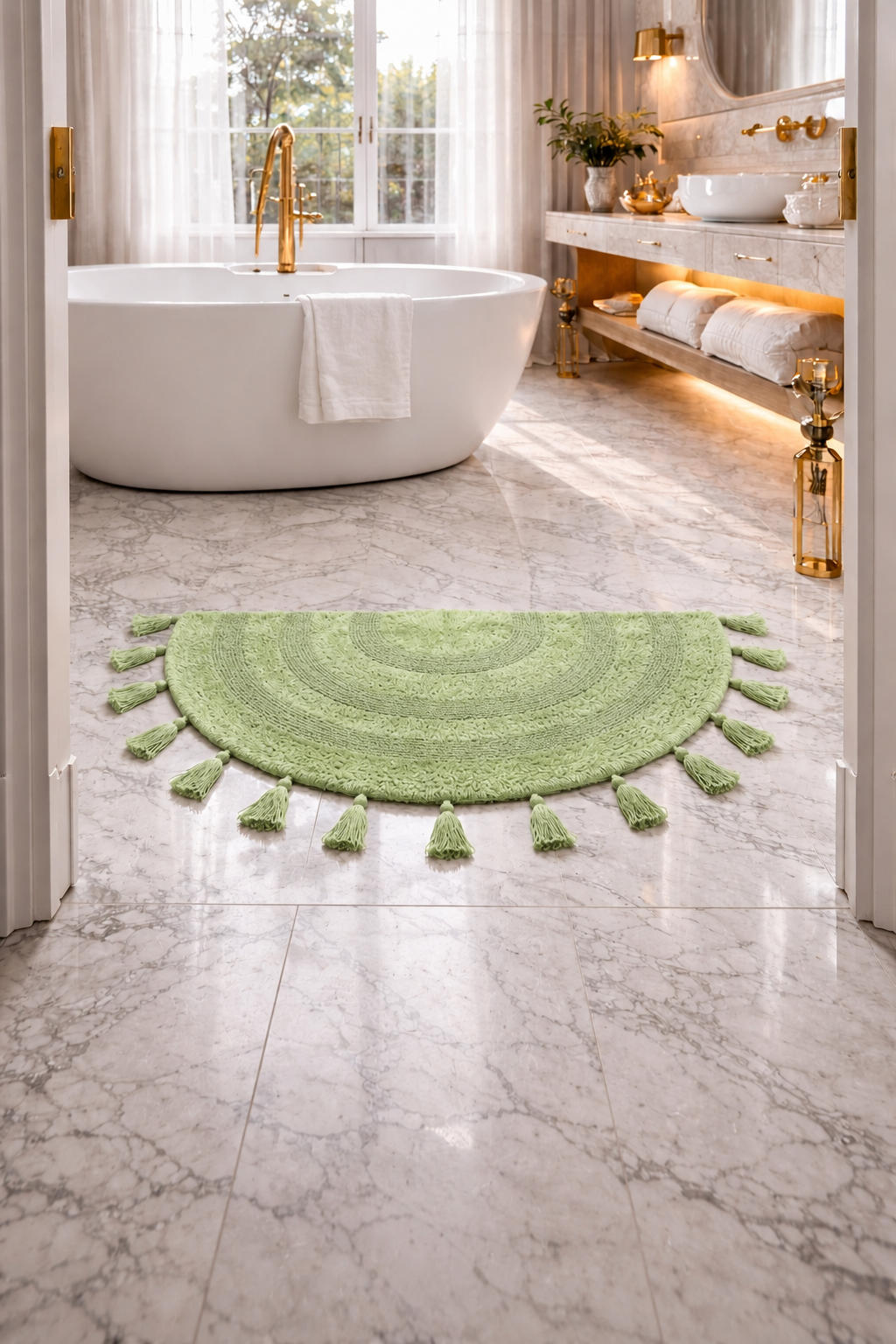 Half Circle Bohemian Bathroom Rug with Handwoven Chrochet Border, Beautifully Handcrafted 100% Cotton Mat ", Round Boho Bedroom Rug, Boho Bathroom Décor, Machine Washable - Honey Mustard