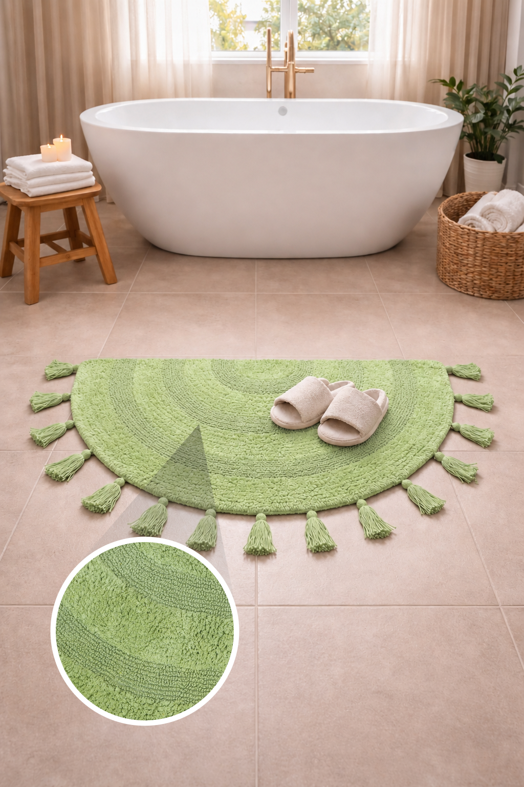 Half Circle Bohemian Bathroom Rug with Handwoven Chrochet Border, Beautifully Handcrafted 100% Cotton Mat ", Round Boho Bedroom Rug, Boho Bathroom Décor, Machine Washable - Honey Mustard