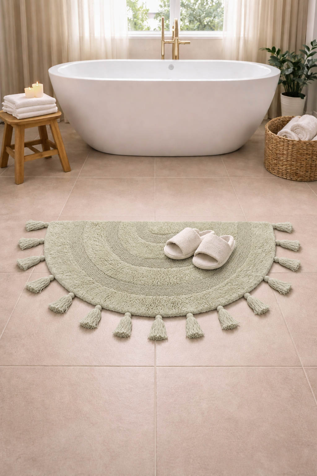 Half Circle Bohemian Bathroom Rug with Handwoven Chrochet Border, Beautifully Handcrafted 100% Cotton Mat ", Round Boho Bedroom Rug, Boho Bathroom Décor, Machine Washable - Honey Mustard