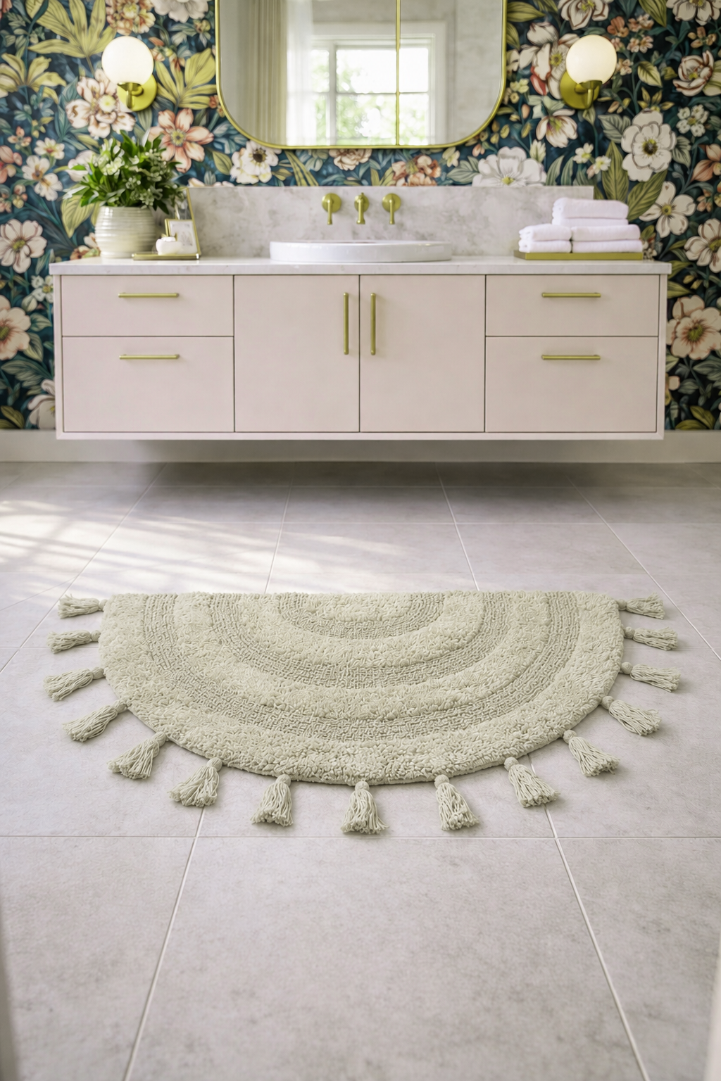 Half Circle Bohemian Bathroom Rug with Handwoven Chrochet Border, Beautifully Handcrafted 100% Cotton Mat ", Round Boho Bedroom Rug, Boho Bathroom Décor, Machine Washable - Honey Mustard