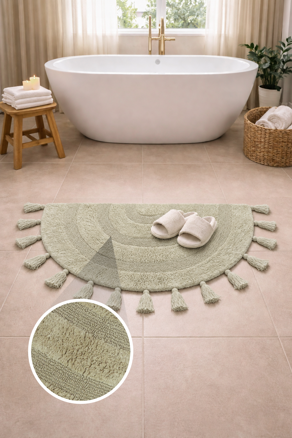 Half Circle Bohemian Bathroom Rug with Handwoven Chrochet Border, Beautifully Handcrafted 100% Cotton Mat ", Round Boho Bedroom Rug, Boho Bathroom Décor, Machine Washable - Honey Mustard